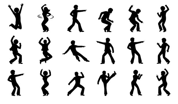 Active dancing people silhouettes set featuring diverse dancers jumping posing and moving in various expressive styles isolated vector illustration graphic collection