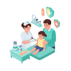 Child receiving vaccination from nurse with parents present.