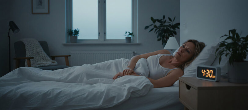 Woman Lying Awake With Menopause Insomnia During the Night