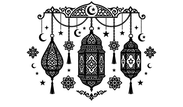 Ramadan Kareem traditional hanging Arabic lanterns silhouette with crescent moon and stars decorative pattern for Islamic celebration isolated on white background vector (21 words)