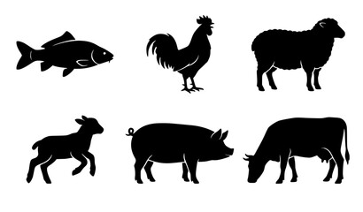 Fototapeta premium Farm animals and livestock black silhouette collection featuring cow pig sheep goat rooster and fish isolated on white background vector illustration (21 words)