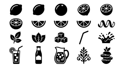 Citrus fruit and summer beverage silhouette icon set with lemon slices mint leaves drinks pitcher and bottle isolated on white background vector (21 words) © MdIbrahimIslam