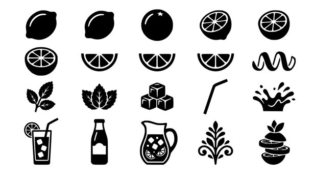 Citrus fruit and summer beverage silhouette icon set with lemon slices mint leaves drinks pitcher and bottle isolated on white background vector (21 words)
