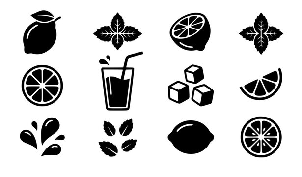 Fresh lemonade and mojito cocktail silhouette icon set with citrus lemon slices mint leaves ice cubes and glass isolated on white background vector (22 words)
