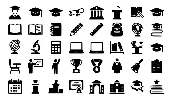 Vector illustration set of school graduation and academic university learning icons featuring student caps diplomas books campus buildings and learning supplies black silhouettes isolated on white bac
