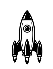 Stylized rocket ship silhouette with pointed nose, circular window, fins, and thrust flames symbolizing space exploration, innovation, science, and technology © Abdul