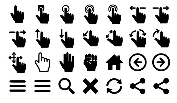Vector illustration set of touchscreen hand gestures phone navigation mouse cursor click arrows and mobile user interface line icons collection isolated on white background