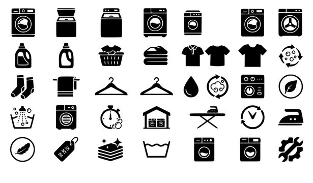 Vector illustration set of laundry service icons automatic washing machines housekeeping equipment electric irons fabric care symbols and clothing black silhouettes collection isolated on white backgr
