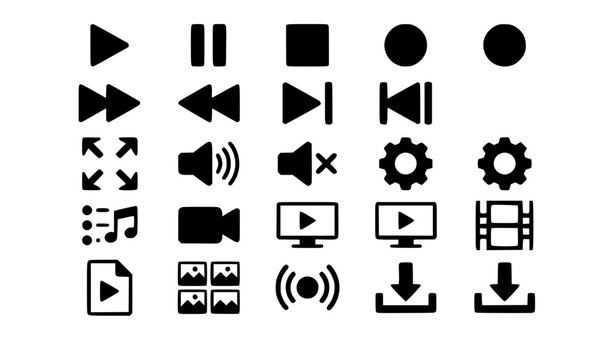 Vector illustration set of media player interface controls video playback buttons audio settings streaming symbols and digital video download elements black silhouettes isolated on white background