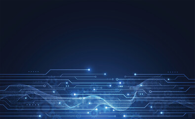 Abstract futuristic blue technology background with glowing particle wave and digital circuit board lines. Concept of data flow network connectivity. © royyimzy