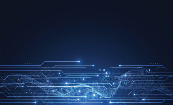 Abstract futuristic blue technology background with glowing particle wave and digital circuit board lines. Concept of data flow network connectivity.