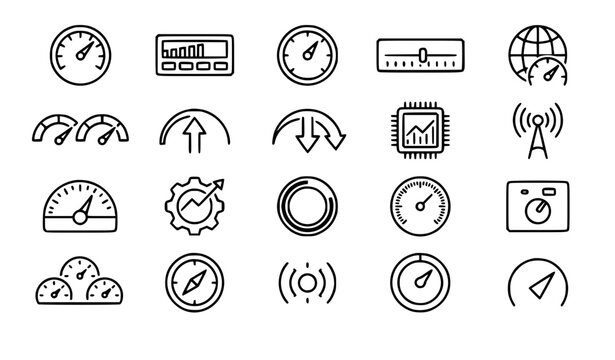Vector illustration set of internet speed test line icons dashboard performance gauges loading bars and network signal elements isolated on white background