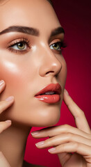 Close-up of a woman's face with glowing skin and glossy lips, showcasing beauty and makeup, symbolic of glamour and elegance. © Inspire Shots Hub