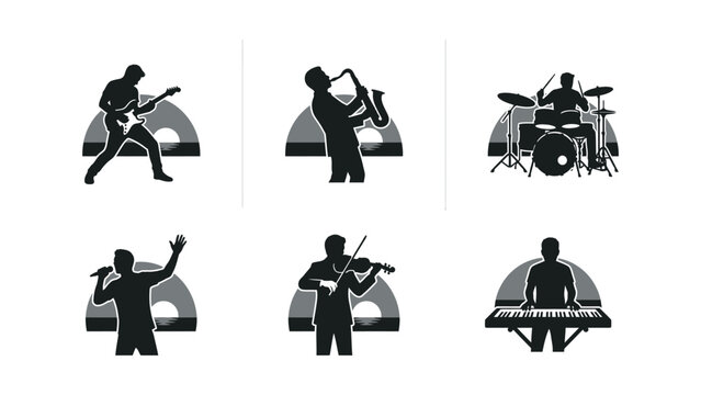 Musician Silhouettes: Guitarist, Saxophonist, Drummer, Singer, Violinist, Keyboardist