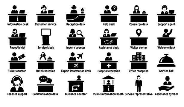 Vector illustration set of service counters reception desks customer support agents and help desk operators black silhouettes collection isolated on white background