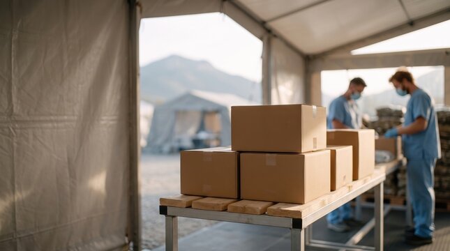 Volunteers in medical uniforms and protective masks unpacking cardboard boxes with emergency aid and humanitarian relief supplies inside field tent hospital