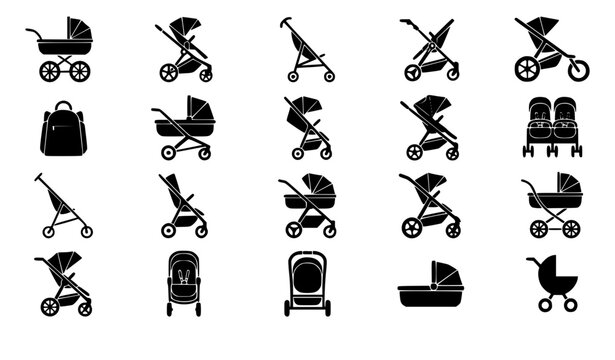 Vector illustration set of infant strollers baby prams double pushchairs and car seat accessories black silhouettes collection isolated on white background