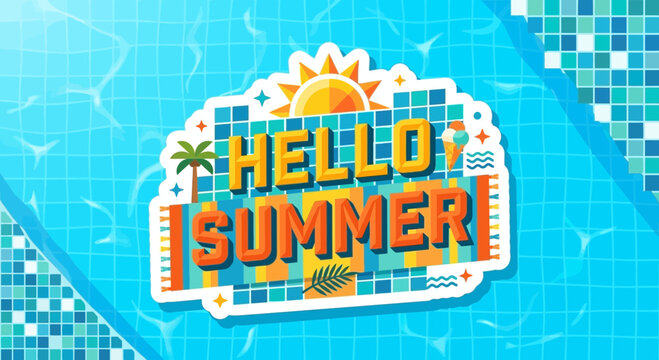 Hello summer typography on swimming pool background