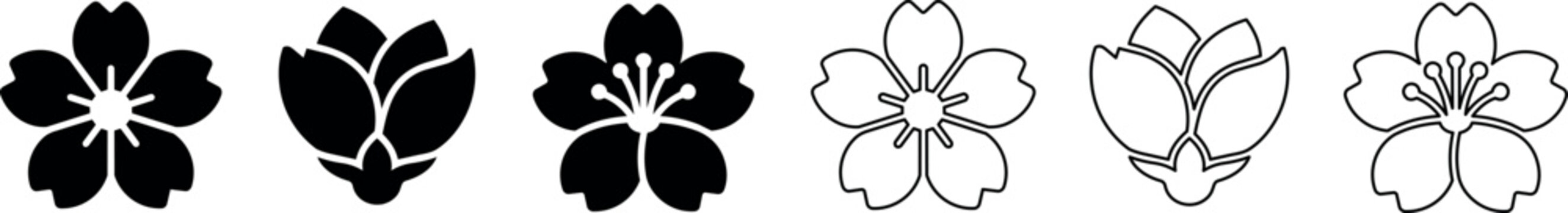 Sakura cherry blossom flower and bud silhouettes icon set in black and white