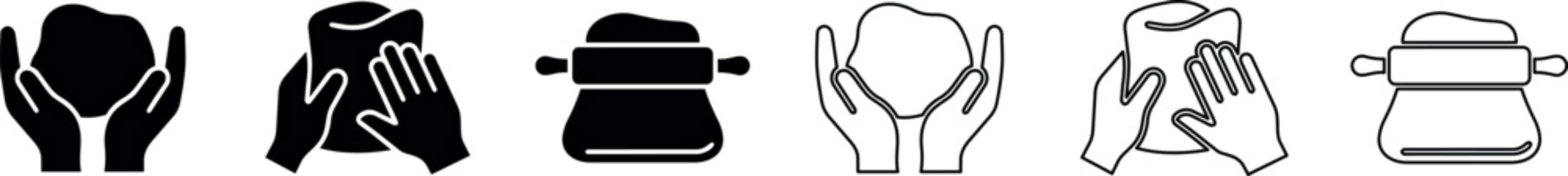 Silhouettes of hands shaping dough and a dough roller for baking preparation