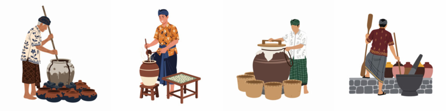 Set of flat vector illustrations showing Indonesian men in traditional clothing preparing heritage food and herbal medicine using clay pots and traditional tools.