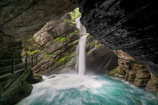 The cascade waterfall Thurfaelle in the Wildhaus, Toggenburg, Switzerland. It is a popular hiking destination in Alpstein region. 