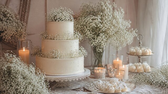 Three tier wedding cake decorated with gypsophila flowers. Elegant dessert table for celebration with burning candles and white sweets. Romantic reception catering for engagement party.