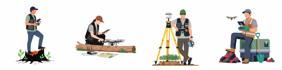 Fototapeta premium Illustrations of environmental professionals and surveyors using drones and modern technology for mapping, forestry, and land management tasks.