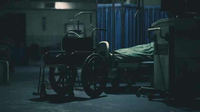 Silhouetted wheelchair and bed in night ward, cold ceiling lights and empty seating create eerie cinematic mood, blue curtain partitions hint at privacy lost