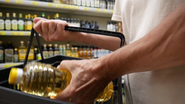 Close-up of a customer's hand putting a bottle of vegetable oil into a grocery basket in a supermarket oil aisle. Retail daily grocery shopping and healthy cooking concept