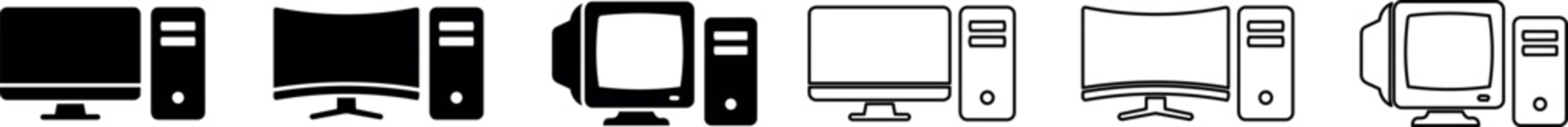 Computer monitor and tower desktop computer icons in various screen styles including flat, curved, and CRT