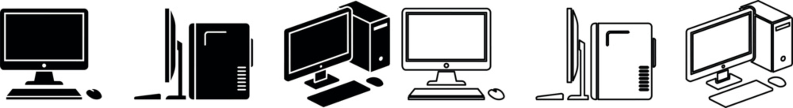 Computer desktop monitors and towers with keyboards and mice in various black and white styles