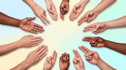 Fototapeta premium Diverse group of people from different ethnicities reaching out with open hands in a circle on a pastel colored background for unity and cooperation concept