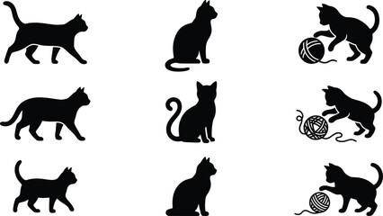 Black cat silhouettes, feline icons, cat graphics, animal illustrations, 9 piece set © Rifat
