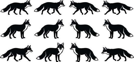Obraz premium Black fox silhouettes, walking fox icons, wildlife graphics, vector illustrations, animal designs
