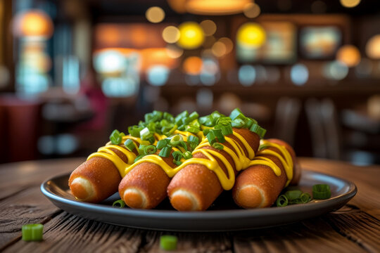 Corn dog sausage on stick, covered with thick layer of cornmeal dough and deep fried AI Generative