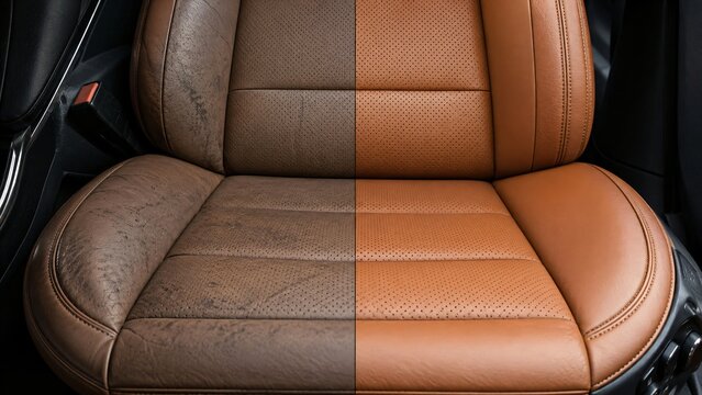 Car seat before and after leather restoration. Comparison of worn damaged material and renovated luxury upholstery. Professional automotive detailing service and maintenance concept.
