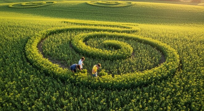 Children explore a spiraling crop circle bathed in warm, golden sunlight during a summer harvest, showcasing nature's artistic patterns and agricultural bounty.