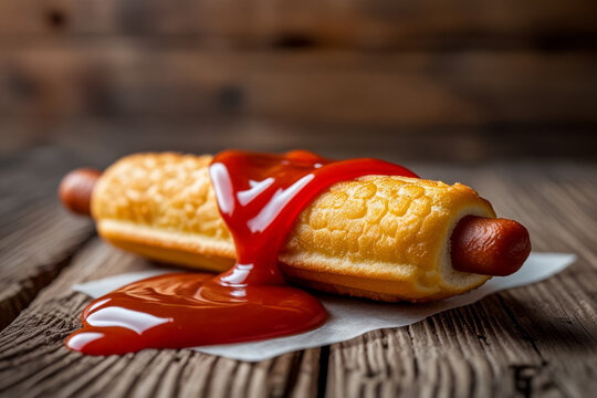 Corn dog sausage on stick, covered with thick layer of cornmeal dough and deep fried AI Generative