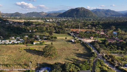 Naklejka premium Aerial View of Rural Landscape and Mountains in Khao Yai Thailand