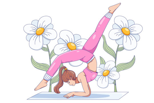 Young woman performing advanced forearm balance yoga pose with leg extended surrounded by flowers illustration