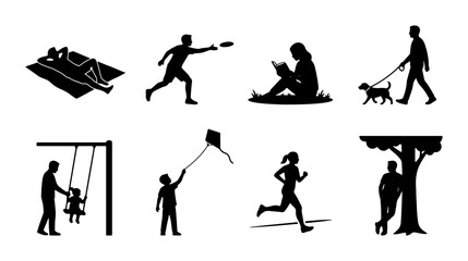 Fototapeta premium Diverse Silhouette Set: People Enjoying Outdoor Activities, Leisure, and Recreation, Vector Icons for Lifestyle and Community Graphics