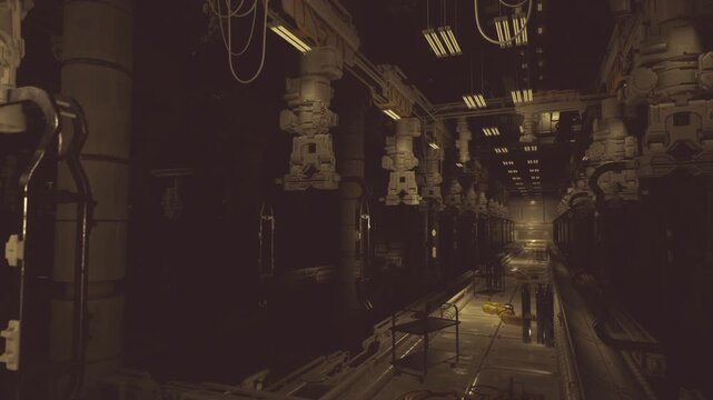Nightshift factory corridor with robotic rigs and narrow catwalks, dim maintenance lights and oilstreaked surfaces, industrial automation humming in low glow