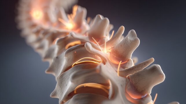 Spinal Nerve Stimulation: A close-up, stylized 3D render of a human spine, illustrating nerve pathways and inflammation, potentially representing pain or neural activity.