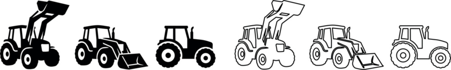 Fototapeta premium Tractor and front loader icons with filled and outline styles