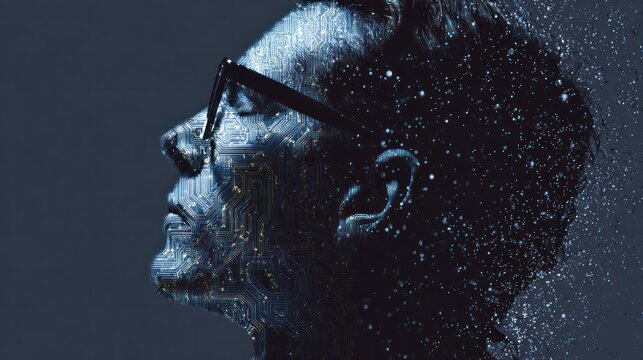 Disintegration of Thought: A man's profile, illuminated by ethereal light, appears to dissolve into a shower of particles, symbolizing the ephemeral nature of ideas and memory.