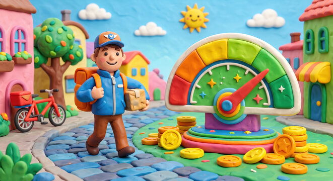 Playful courier scene with rising gauge; income, tips, expenses tracked; credit‑builder card automates payments, savings.