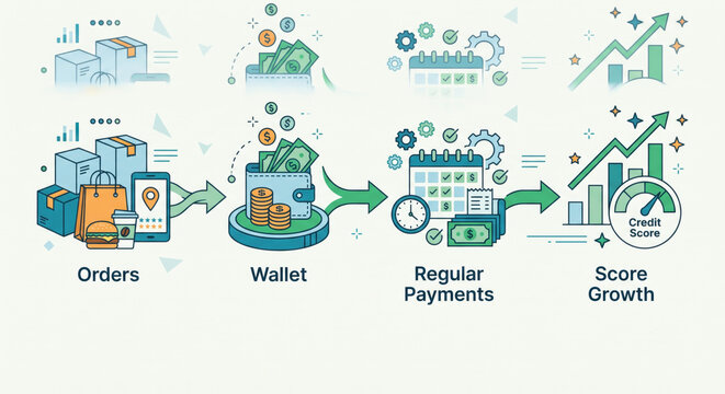 Infographic: orders, payouts, app reviews feed credit score; affordability checks, utilization coaching, dispute support.