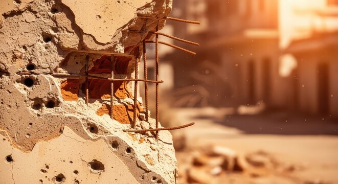 Collapsed Concrete Wall Section With Exposed Rebar in Urban Ruins