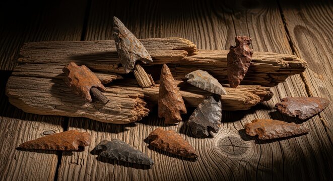 Collection of Ancient Rusted Arrowheads on Rustic Wooden Surface